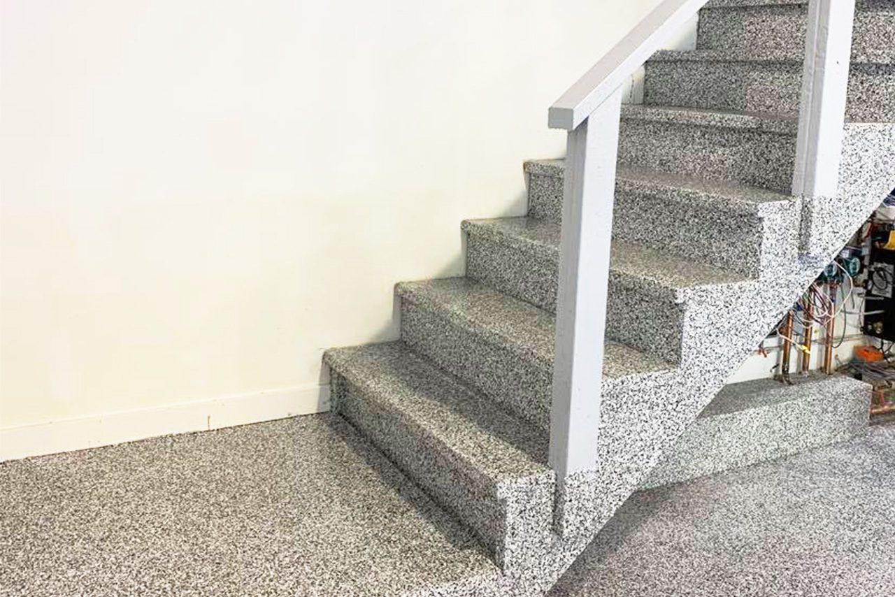 garage floor flakes stairs